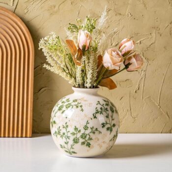 Green and beige country-style vase, vintage round ceramic vase, rustic decorative vase