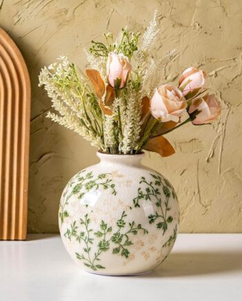 Green and beige country-style vase, vintage round ceramic vase, rustic decorative vase