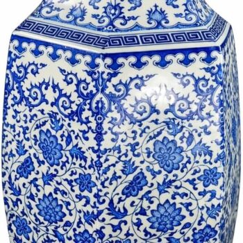 24" Blue and White Hexagonal Lotus Porcelain Vase