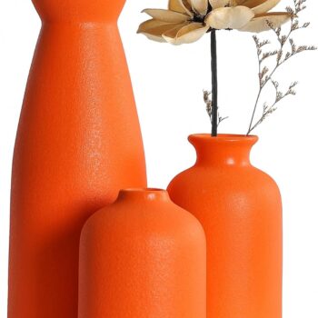 Orange Ceramic Vase Set - Three Small Vases for Modern Country Farmhouse Home Decor