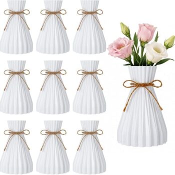 White Pleated Plastic Bud Vases with Decorative Twine