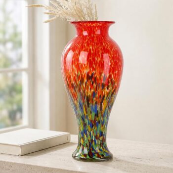 20" Tall Red Colorful Glass Vase Hand Blown Large Floor Glass Vase Home Decor, Pretty Modern Teal Blue Flowers Vases, Jarrones Grandes para Sala Elegantes, Large Vases for Living Room Wedding Decor