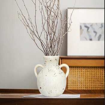 Ceramic vases with two handles, rustic reed vase, vintage farmhouse decoration