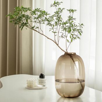 Brown glass vase, round and clear, suitable for table setting, long stems and branches, fresh artificial plant vase