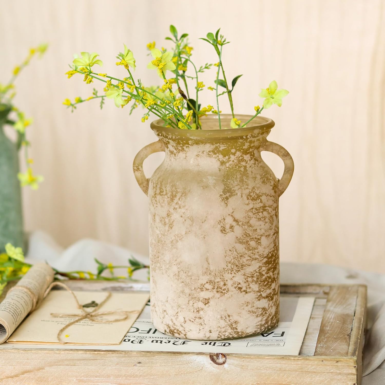 Glass Vase with Handles - 8-inch Rustic Faux Ceramic Vase