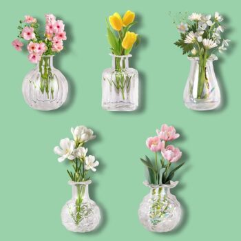 Clear Ribbed Plastic Flower Vases with Pink Bows