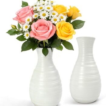 White Ribbed Plastic Flower Vase with Classic Silhouette