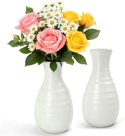 White Ribbed Plastic Flower Vase with Classic Silhouette