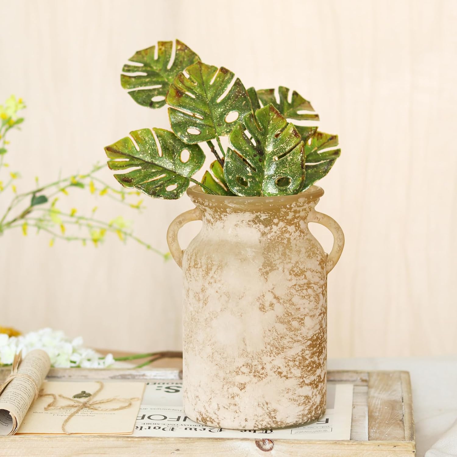 Glass Vase with Handles - 8-inch Rustic Faux Ceramic Vase