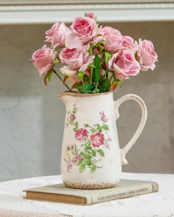 Vintage Rose Floral Ceramic Vase with Handle, Vintage Ice-Cracked Farmhouse Water Jar Vase