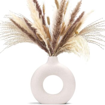White donut-shaped vase, openwork ceramic vase, handmade, minimalist bohemian style, modern home décor.