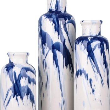 Ceramic Vase Set - 3 Pieces - Navy Blue and White Decorative Vases