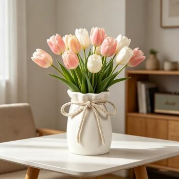 White Decorative Plastic Vase with Rustic Rope Bow