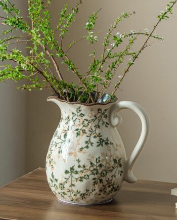 Green and white vintage-style handled vases, rustic ceramic farmhouse vases