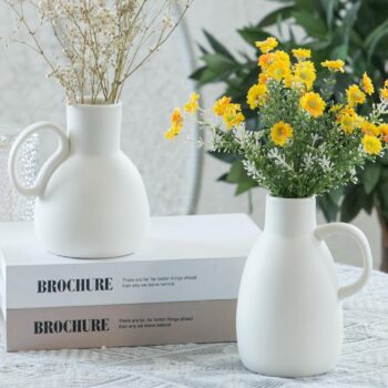 White Ceramic Vase Set - 2 Small Vases with Handles, Modern Home Decor Terracotta Vases