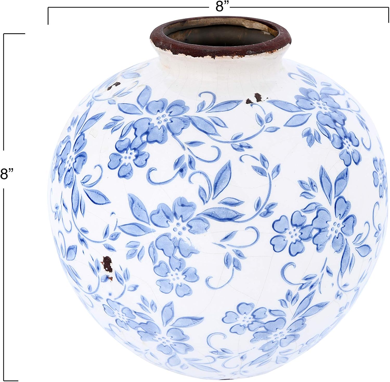 8-inch tall terracotta floral transfer pattern crackle glaze vase