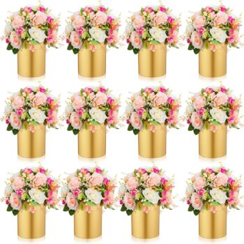 12 Pcs Gold Cylinder Vases for Wedding Centerpieces 5.1 Inch Tall Metal Flowers Vase Small  Holder for Wedding Dining Coffee Table Party Decorations, Not Included Flowers