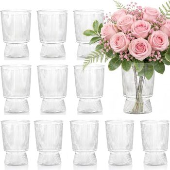 Clear Ribbed Plastic Cylinder Vases with Pedestal Base