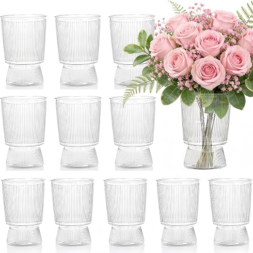 Clear Ribbed Plastic Cylinder Vases with Pedestal Base