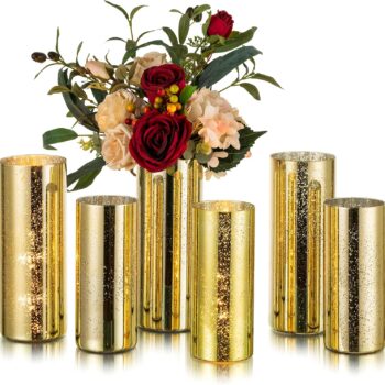 Gold cylindrical vases for table settings: 6-piece modern glass vase set - decorative gold wedding banquet table decoration column candlesticks